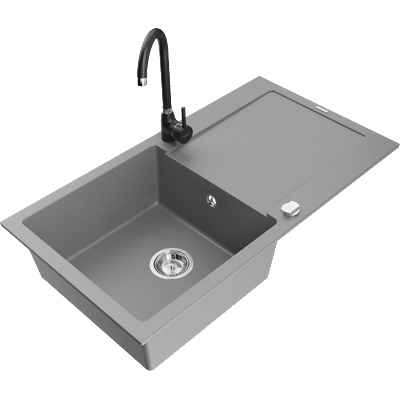 Mexen Leo кухненска мивка от гранит с 1 отделение със сушилня и кухненски смесител Telma, сив - 6501-71-670200-70 (6501-71-670200-70)