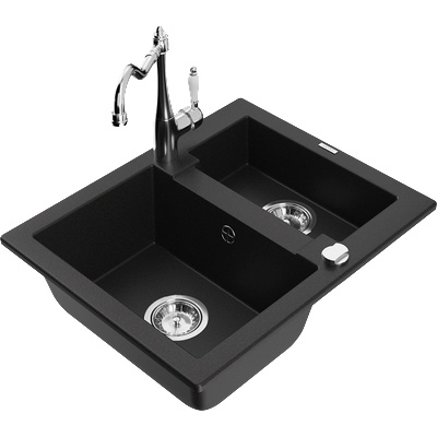 Mexen Carlos мивка от гранит 1, 5 камери с кухненски смесител Carla, черен - 6518-77-670700-00 (6518-77-670700-00)