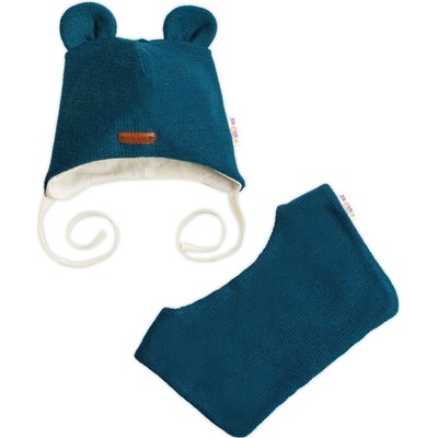 Pletená čepice s bavlněnou podšívkou a šátkem 2v1 Teddy Hand made petrolejová