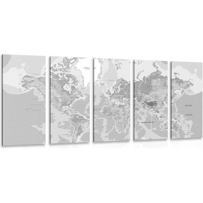 5-dílný obraz klasická mapa světa v černobílém provedení - 100x50