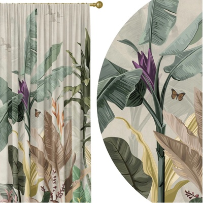 Soovi Home Zatemňovací záves Tropical Garden – jemný botanický vzor na béžovom podklade Veľkosť: 140x270 na riasiaci pás