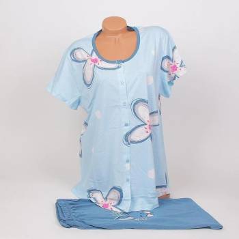 Image 1 of Дамска макси пижама в синьо с цветя, копчета и 7/8 панталон