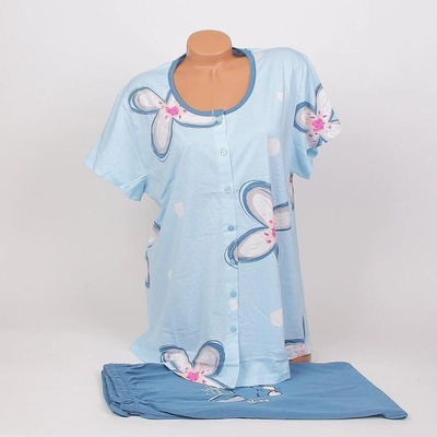 Дамска макси пижама в синьо с цветя, копчета и 7/8 панталон