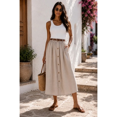 Fashionweek dámská lyocellová midi /maxi sukně s knoflíky a páskem UB-SCARLA capuccino