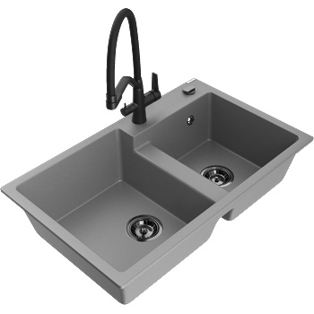 Mexen Tomas гранитна мивка с две корита с кухненски смесител Duo, сив - 6516-71-671701-70-B (6516-71-671701-70-B)
