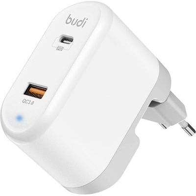 Budi Универсално зарядно устройство Budi 328E, USB + USB-C, 18W + EU/UK/US адаптери, бяло