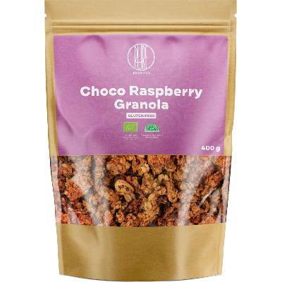 BrainMax Pure Choco Raspberry Granola, BIO, 400 g *CZ-BIO-001 certifikát / Zapečené vločky z quinoy s rubmi čokoládou a brusnicami