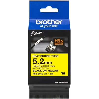 Brother HSe-611E Pro Tape, 5.2 mm x 1.5 mm, черен печат / жълт фон, оригинална лента (HSE611E)