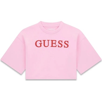 GUESS Къса розова тениска за момиче с червен бродиран надпис Guess