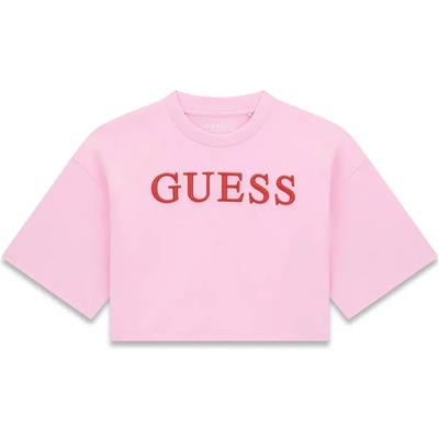 GUESS Къса розова тениска за момиче с червен бродиран надпис Guess