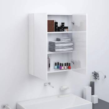 vidaXL Шкаф с огледало за баня, 60x15x75 см, МДФ, бял гланц (331525)