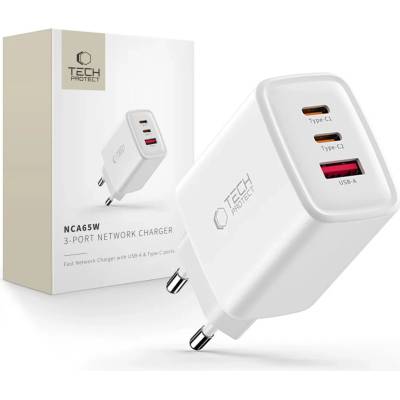 Tech-Protect nca65w-gan 3-портово мрежово зарядно pd 65w / qc3.0 бяло (5906302336074)