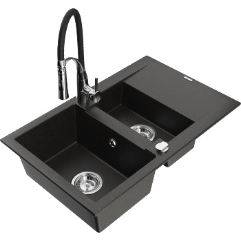 Mexen Gaspar гранитна мивка с 1, 5 отделения с отцеждач и кухненски смесител Aster, черно/златист металик - 6507-75-73450-07 (6507-75-73450-07)