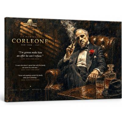 Papilora Obraz Krstný otec – Don Vito Corleone v koženom kresle s whisky na plátne - 90x60 cm