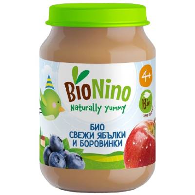 Био плодово пюре BioNino - Ябълки и боровинки, 4 м+, 190 g (BN2157)