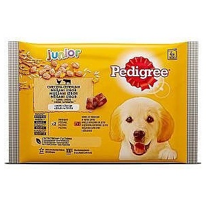 PEDIGREE Мокра храна за подрастващи кученца в желе Pedigree Junior пауч с пилешко, говеждо и ориз, 4 х 100 г