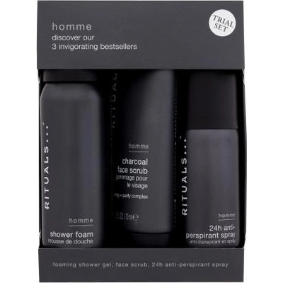 RITUALS Homme 3 Invigorating Bestsellers подаръчен комплект: душ пяна Homme 50 ml + антиперспирант Homme 50 ml + пилинг за лице Homme 70 ml за мъже