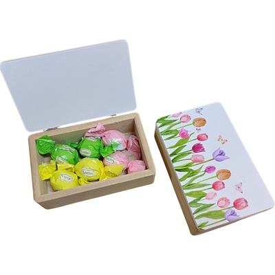 Top-Čokoláda Směs čokoládových bonbonů Tulipány v dřevěné dóze 80 g