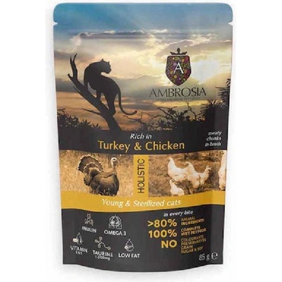 AMBROSIA Pouch Cat Young Sterilized Turkey Chicken - пауч, специално разработен, за да отговаря на хранителните нужди на млади и стерилизирани котки - 85 гр, Франция