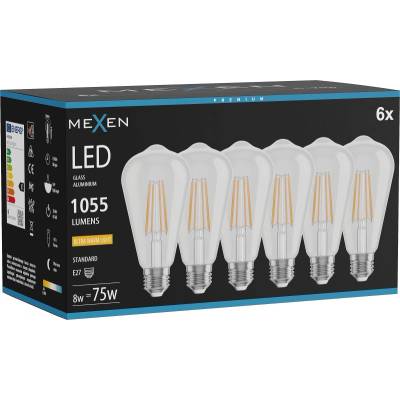 Mexen Vintis 6x LED лампа с нажежаема жичка E27, ST64, 8W, Топло - 2200K, 1055 lm, прозрачно (L152-E27-0822-00x06)