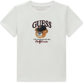 GUESS Бяла тениска за мини момче с мечка и надпис Guess