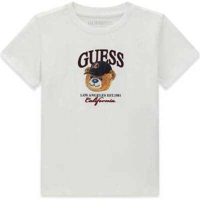 GUESS Бяла тениска за мини момче с мечка и надпис Guess