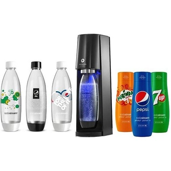 SodaStream E-Terra Black + láhve FUSE 3 x 1l + Sirup Pepsi 440 ml + Mirinda 440 ml + 7UP 440 ml