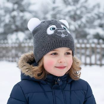 Детска тъмносива плетена шапка мече с бели помпони
