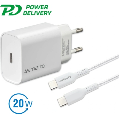 Захранване за ел. мрежа с USB-C изход и USB-C към USB-C кабел - 4smarts Wall Charger VoltPlug PD 20W (бял) (4S465585)