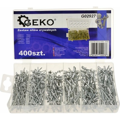 Sada 400 ks trhacích nýtů Geko G02927 – hliník/nerez, průměry 2,4–4,8 mm