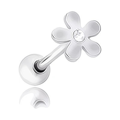Šperky eshop lesklý ocelový piercing do jazyka květ s čirým zirkonem PC09.03