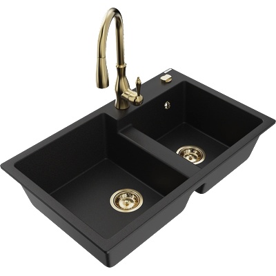 Mexen Tomas гранитна мивка с 2 камери и кухненски смесител Savita, черен - 6516-77-672601-50 (6516-77-672601-50)