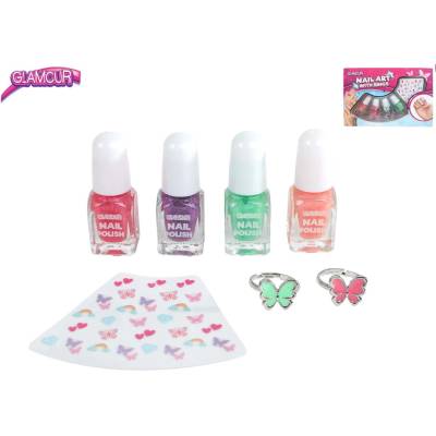 Glamour sada krásy s laky na nehty 2 ml 4 ks prstýnky 2 ks a nálepkami na nehty v krabičce