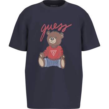 GUESS Тъмно синя тениска с къс ръкав за момче с голямо цветно мече и надпис Guess