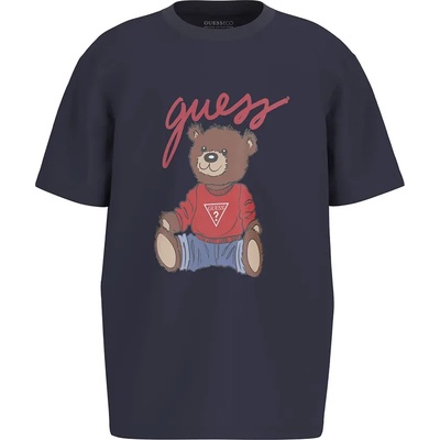GUESS Тъмно синя тениска с къс ръкав за момче с голямо цветно мече и надпис Guess
