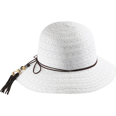 Dámsky klobúk s ozdobným povrázkom korálkami a strapcami 9001318-1 biely