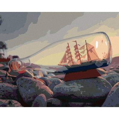 zuty Malování Podle Čísel Loď V Lahvi U Moře 80 x 100 Cm Plátno Rám 8596530085270