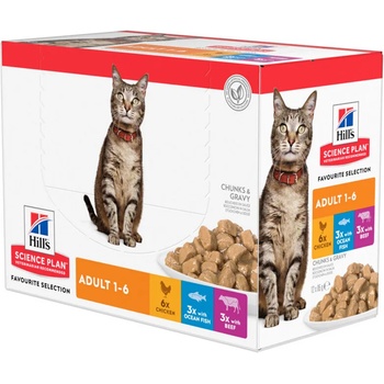 Image 1 of Hill's Hills Science Plan Feline Adult Favourite Selection - колекция от паучове, малки късчета в сос грейви за котки над 1 година 12бр*85gr