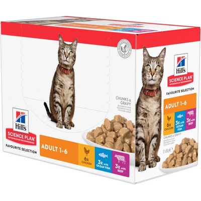 Hill's Hills Science Plan Feline Adult Favourite Selection - колекция от паучове, малки късчета в сос gрейви за зрели котки над 1 година /6 x с телешко, 3 x с пилешко, 3 x с океанска риба/