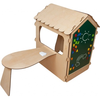 FunPlay Drevený detský domček s kriedovou tabuľou a stolíkom 86x137x105cm