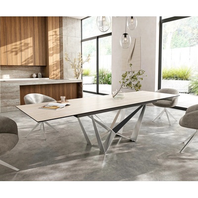 DELIFE Edge 200-300 x 100 keramika Laminam Travertino Bianco krémově bílá Spider plochá ocel nerezová ocel rozkládací