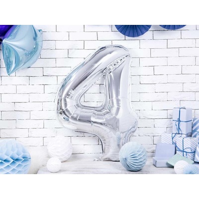 PartyDeco Fóliový balón číslo 4 strieborný 86 cm