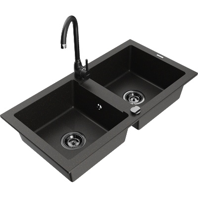 Mexen Mario двоен гранитен кухненски мивка с кухненски смесител Telma, черен/златен - 6504-75-670200-70-B (6504-75-670200-70-B)