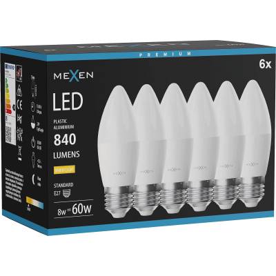 Mexen Nova 6x LED крушка E27, C37, 8W, Топла - 3000K, 840 lm - L102-E27-0830-01x06 (L102-E27-0830-01x06)
