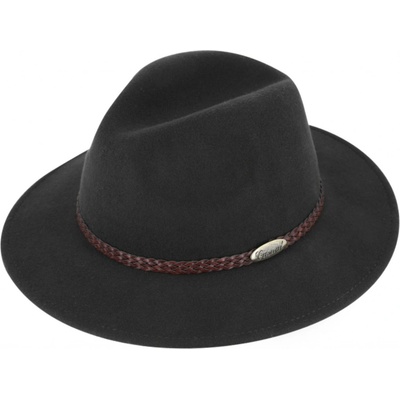 Fiebig klobouk fedora plstěný černý s koženým pleteným páskem černý