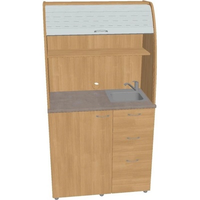 OFFICE PRO HOBIS kuchyň s dřezem, baterií a lednicí, pravá - KU 3 3 P, dub, šedá roleta
