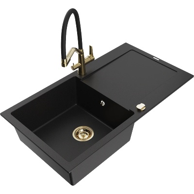 Mexen Leo гранитна мивка с 1 отделение с отцедник и кухненски смесител Duo, черен - 6501-77-671701-57-G (6501-77-671701-57-G)