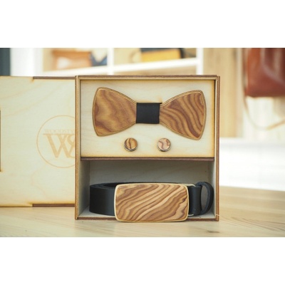 Wood Style Set Kulatý Kořenice opasek motýlek a manžetové knoflíčky černá