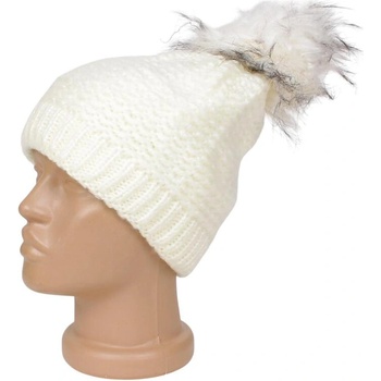 Бяла дамска шапка с пухкав помпон