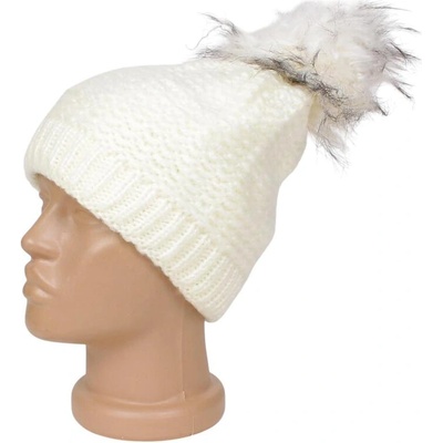 Бяла дамска шапка с пухкав помпон
